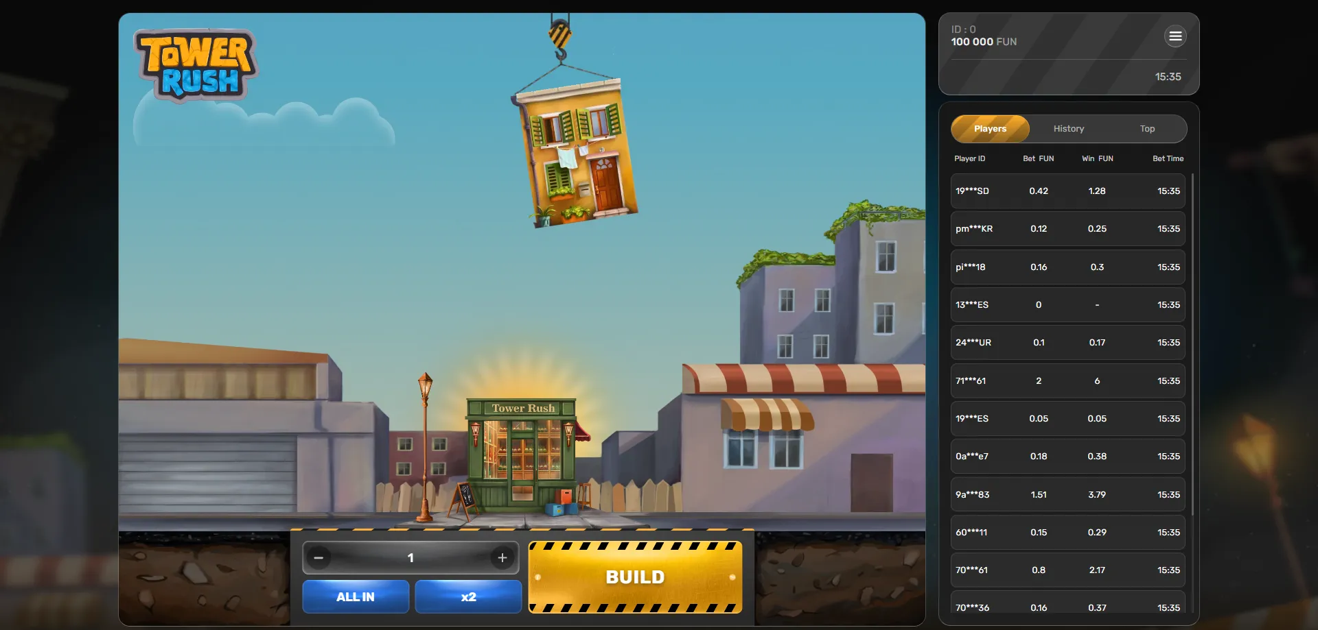 Tower Rush turbo-crash game overview — build floors and win big